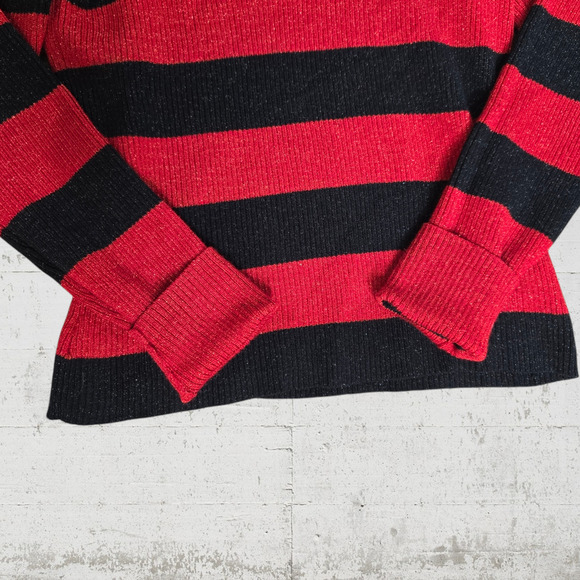 Y2K Red Black Stripe Glitter Metallic Ribbed Knit Turtleneck Sweater Size Medium - Picture 4 of 8